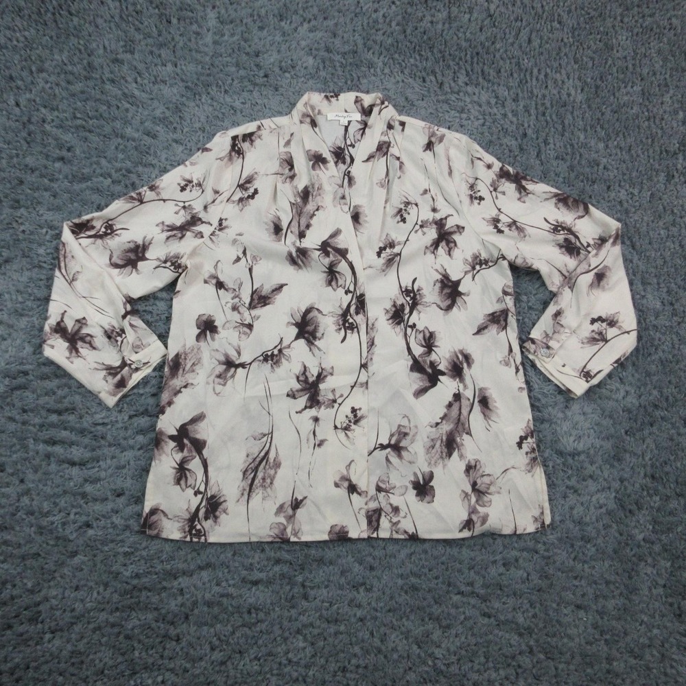 Monday Fun Shirt Womens Large White Black Floral Button Down Blouse Long Sleeve
